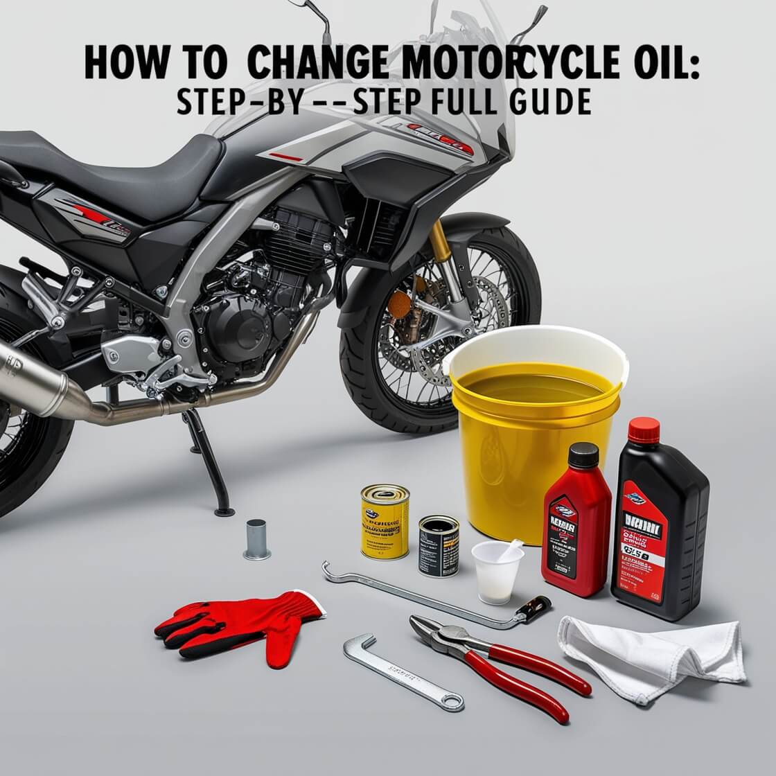 Featured image for 'How to Change Motorcycle Oil: Step-by-Step Full Guide' showing a motorcycle on a two-legged stand with a bucket underneath, essential tools for changing oil arranged neatly, and the oil lid being opened with pliers. The background is light to highlight the motorcycle and tools.
