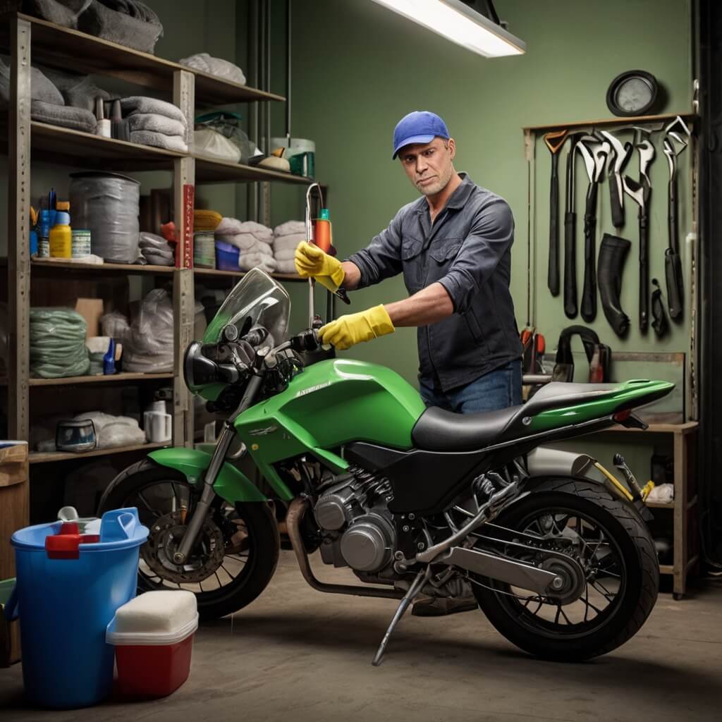 A high-resolution, visually striking image of a person standing beside a motorcycle with all the tools needed for cleaning the engine clearly displayed. The person is holding or standing next to tools like a soft brush, degreaser, gloves, and other cleaning supplies. The motorcycle is positioned next to the person, ready for cleaning. The background is light green, emphasizing preparation and readiness for the cleaning process, with a focus on the person, tools, and motorcycle.