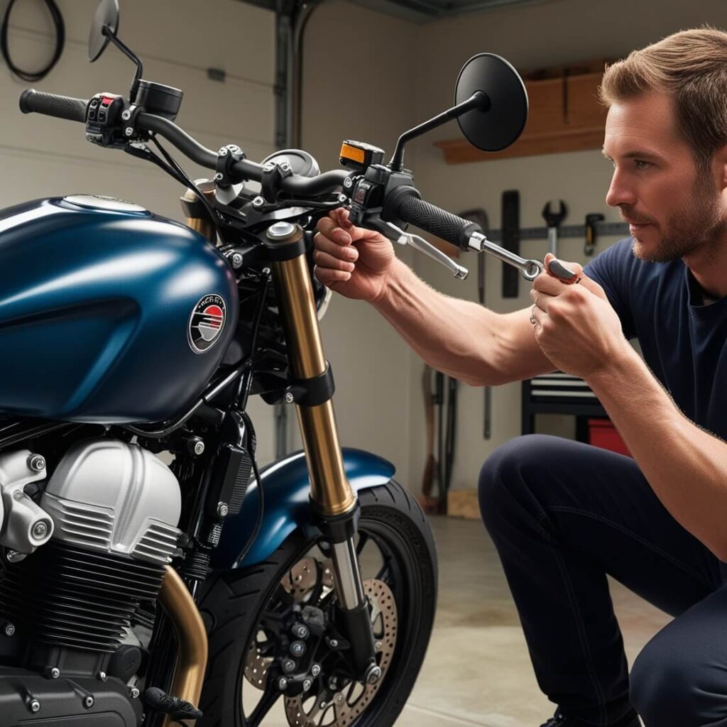 Rider adjusting the handlebars and steering head bearings on a motorcycle inside a garage, holding a wrench in one hand