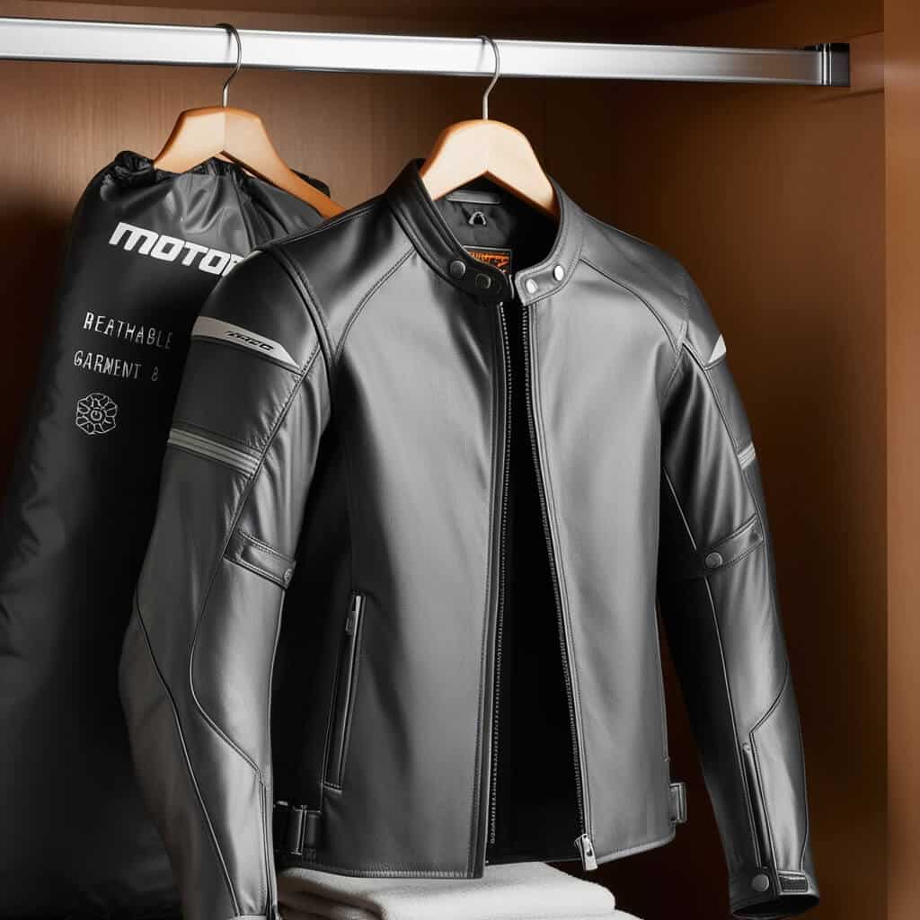A sleek gray motorcycle jacket hanging on a sturdy hanger inside a closet, accompanied by a garment bag labeled "Breathable Garment.