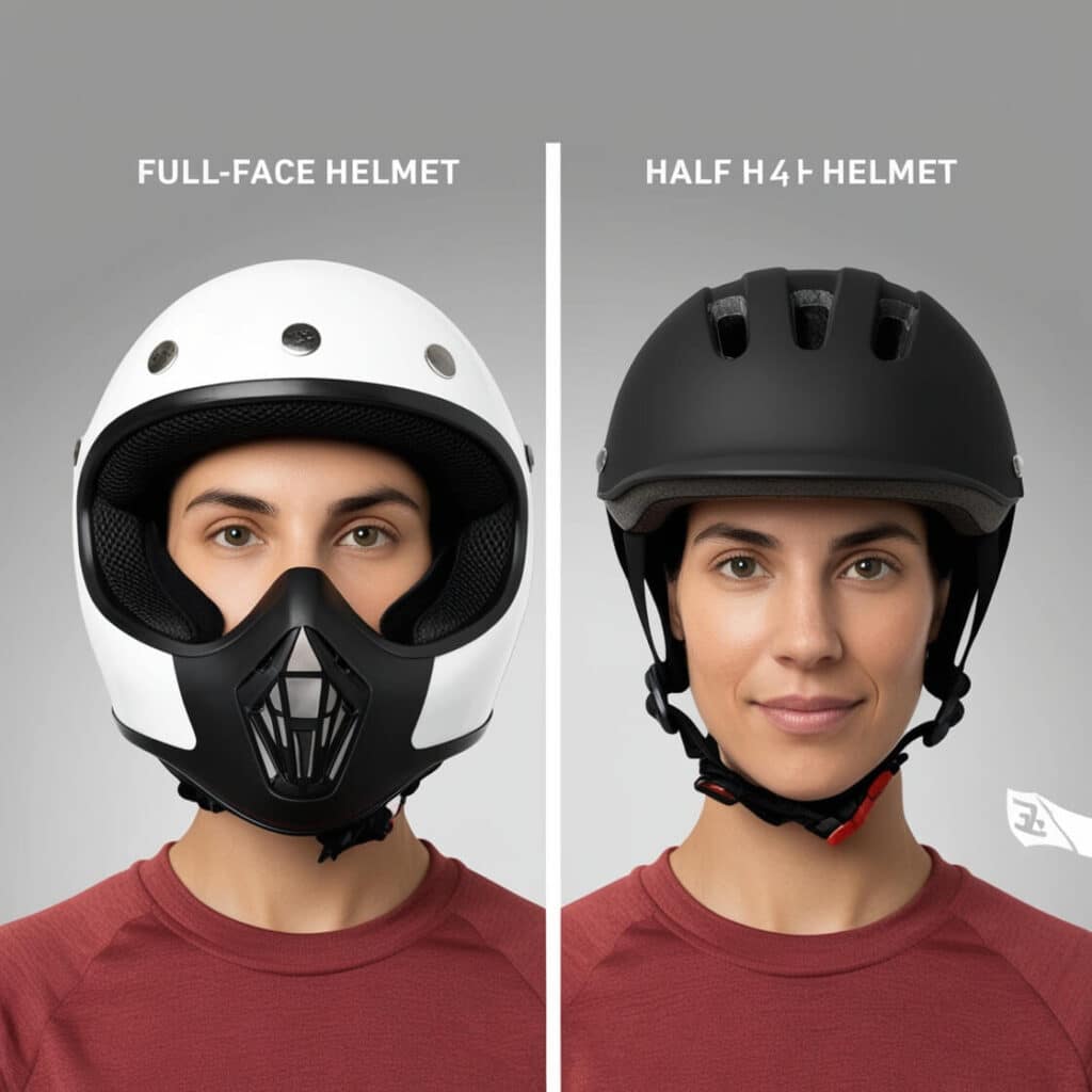 Comparison of a half helmet and a full-face helmet worn by the same person, showcasing the design differences and level of protection.