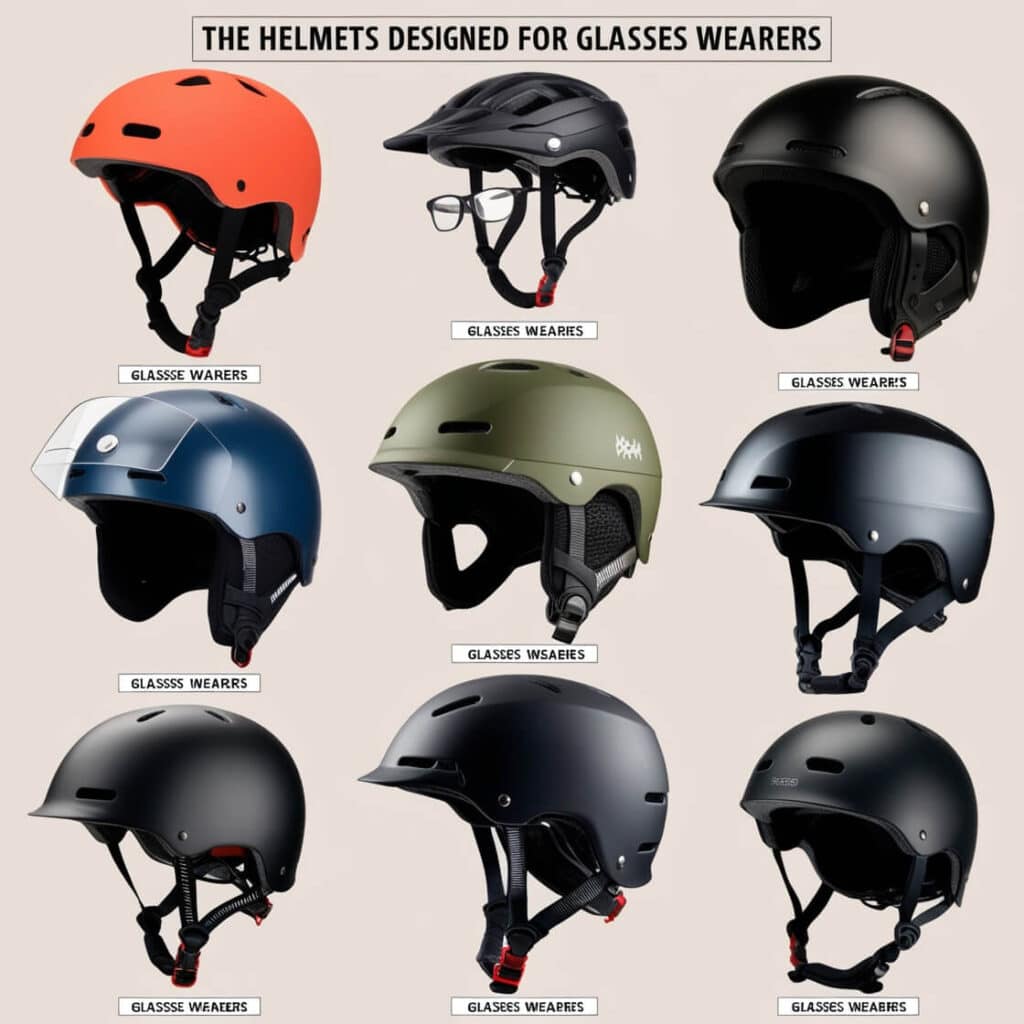 A selection of various helmets designed for glasses wearers, with labels highlighting features that enhance their suitability for glasses, displayed against a neutral background.