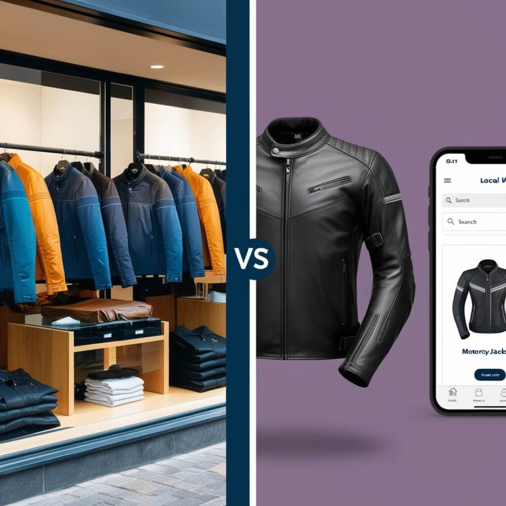 A split image contrasting a local store displaying colorful motorcycle jackets on the left and a close-up of a black motorcycle jacket on the right, with a mobile phone showing an online shopping interface.