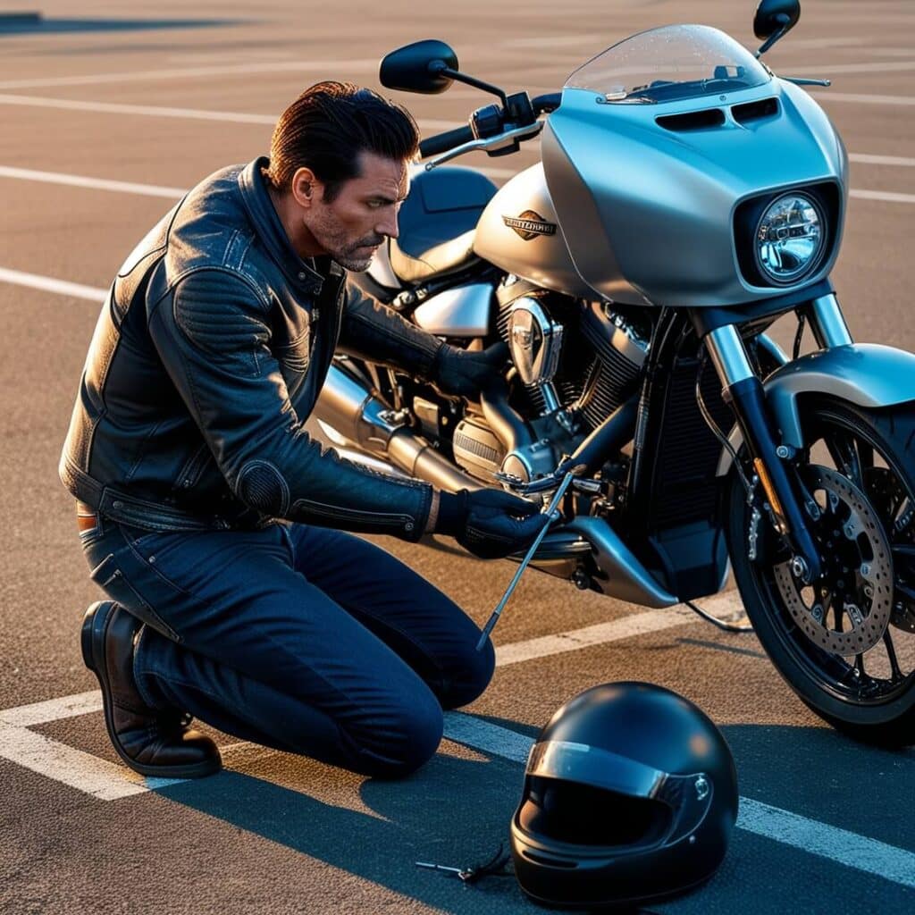 Rider checking motorcycle coolant levels to prevent overheating.