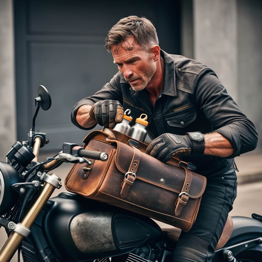 Motorcyclist packing emergency supplies for riding in extreme heat.