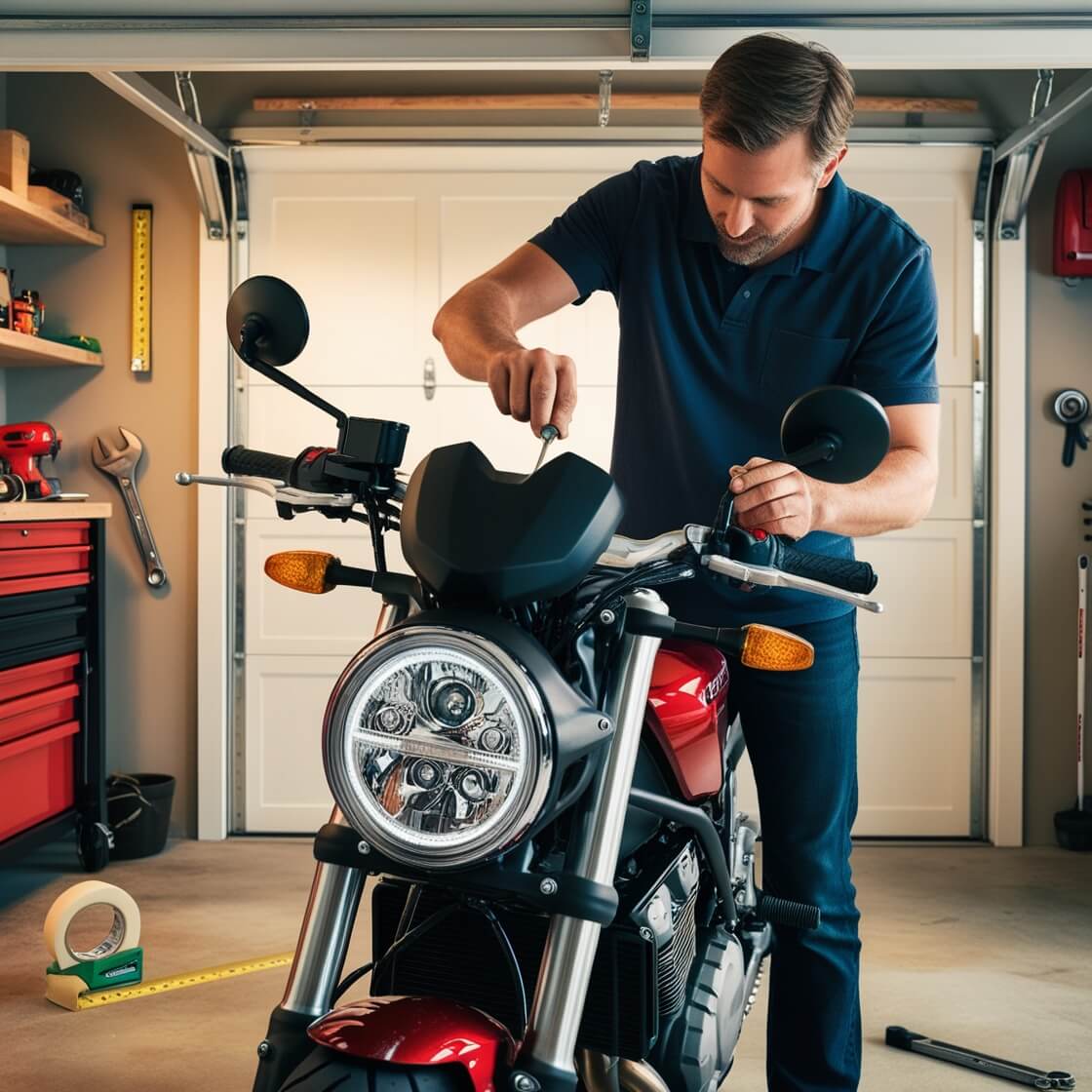 motorcycle headlightsadjustment in home garage