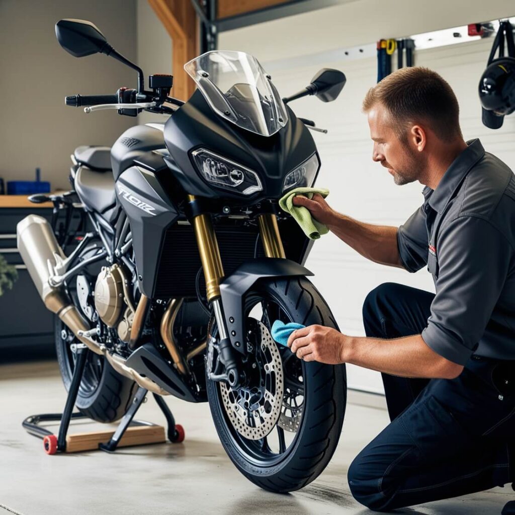 Rider performing routine maintenance checks on the steering and front forks of a motorcycle inside a garage