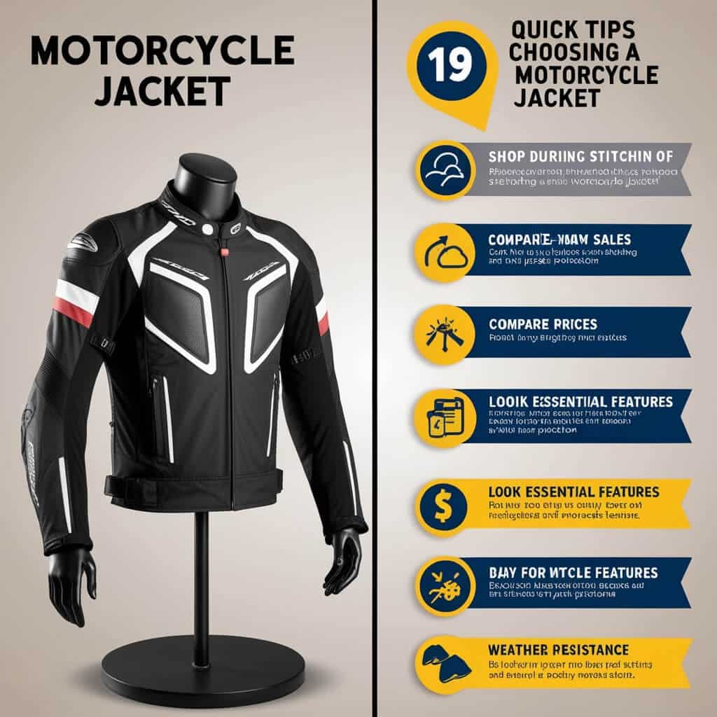 An infographic depicting essential features of a quality motorcycle jacket alongside tips for purchasing, including advice on sales timing and price comparison.
