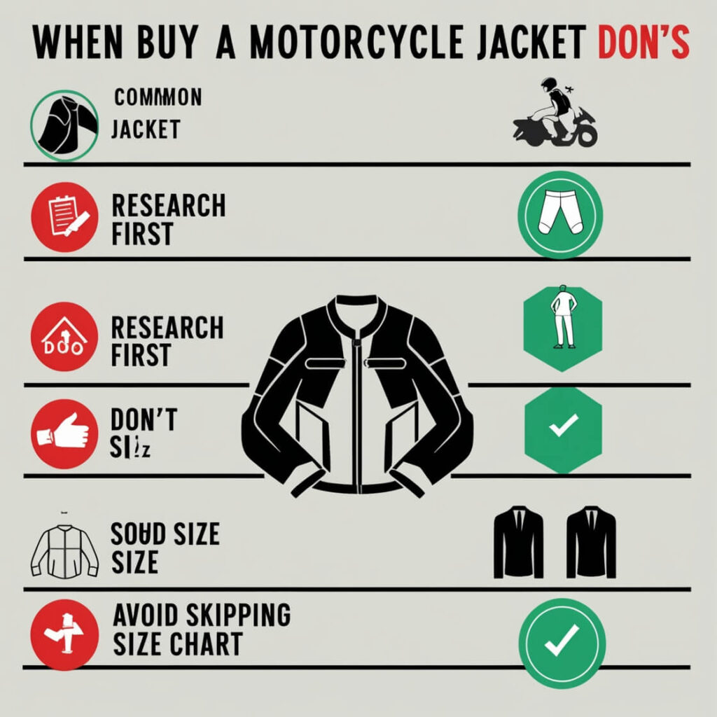 An infographic outlining important do's and don'ts when buying a motorcycle jacket, featuring icons and check marks for guidance