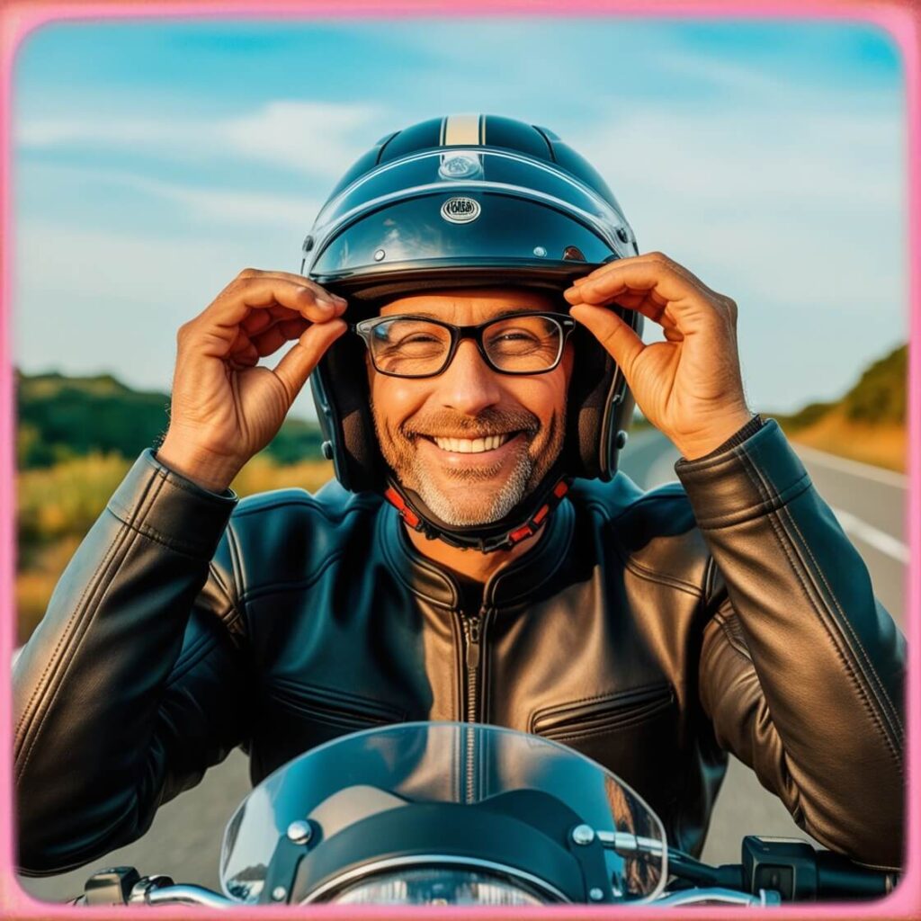 A motorcyclist adjusting their glasses while wearing a helmet, smiling and enjoying the ride on a scenic road surrounded by nature.
