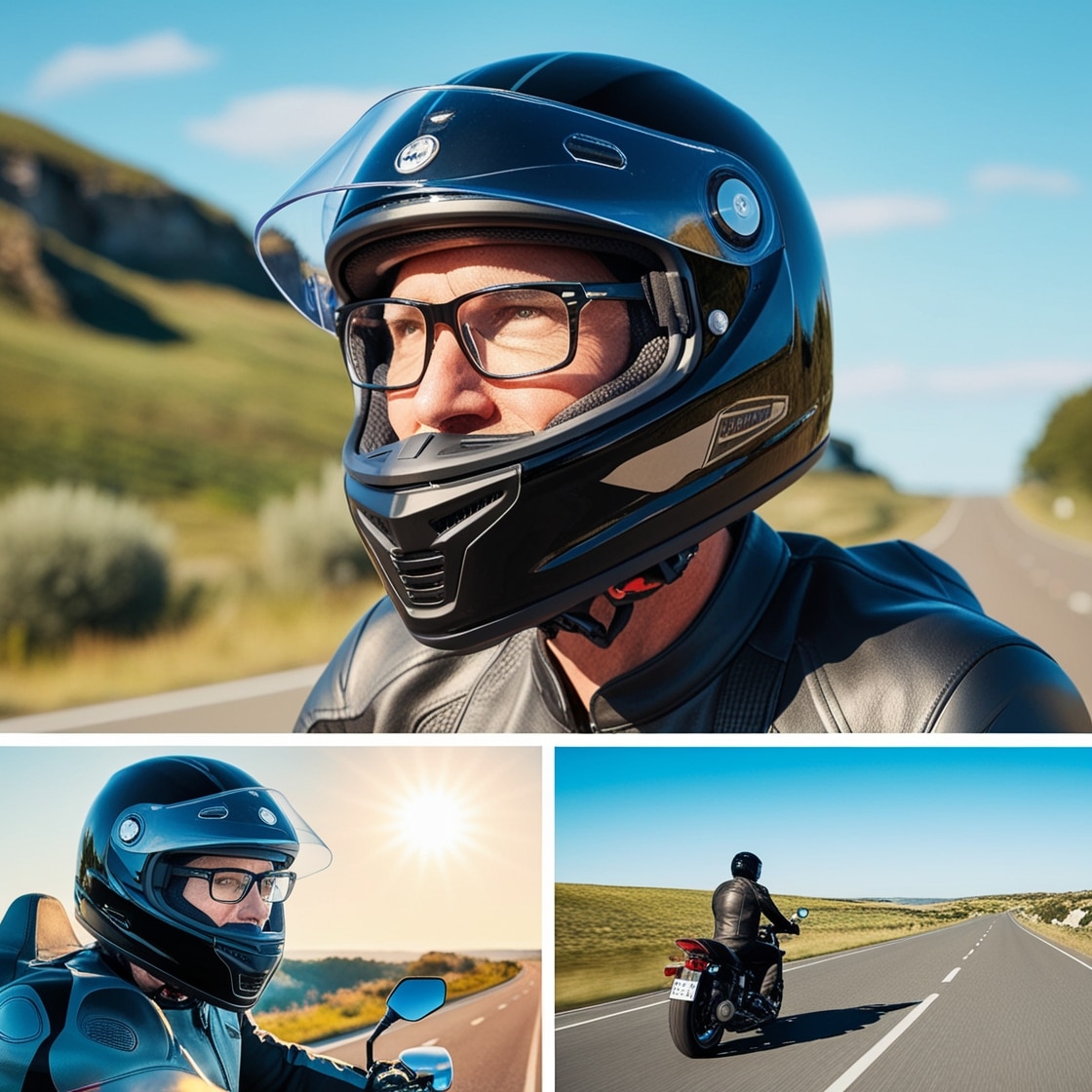 A motorcyclist wearing a helmet designed for glasses, riding along a scenic route with a beautiful sunny backdrop.