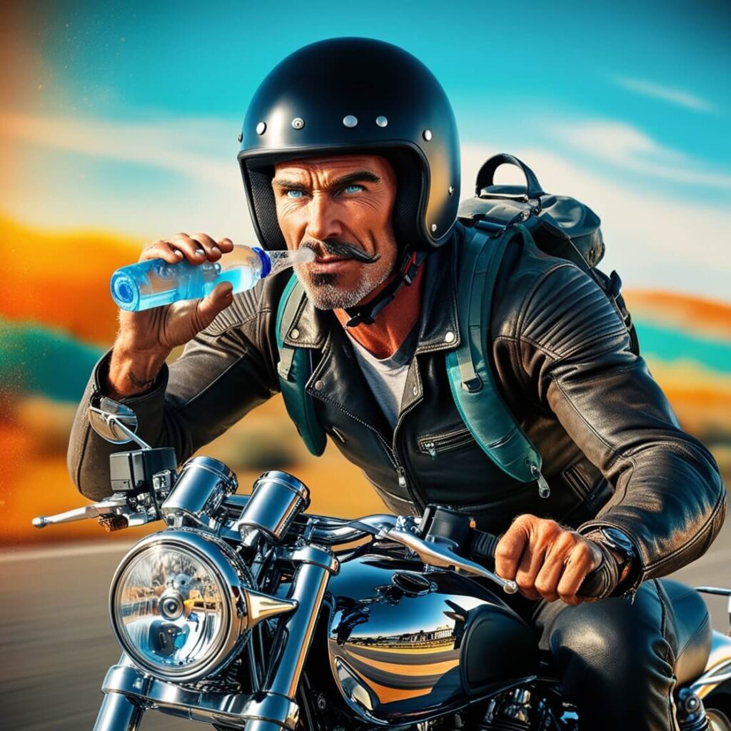 Motorcyclist staying hydrated with a hydration pack during a hot weather ride.