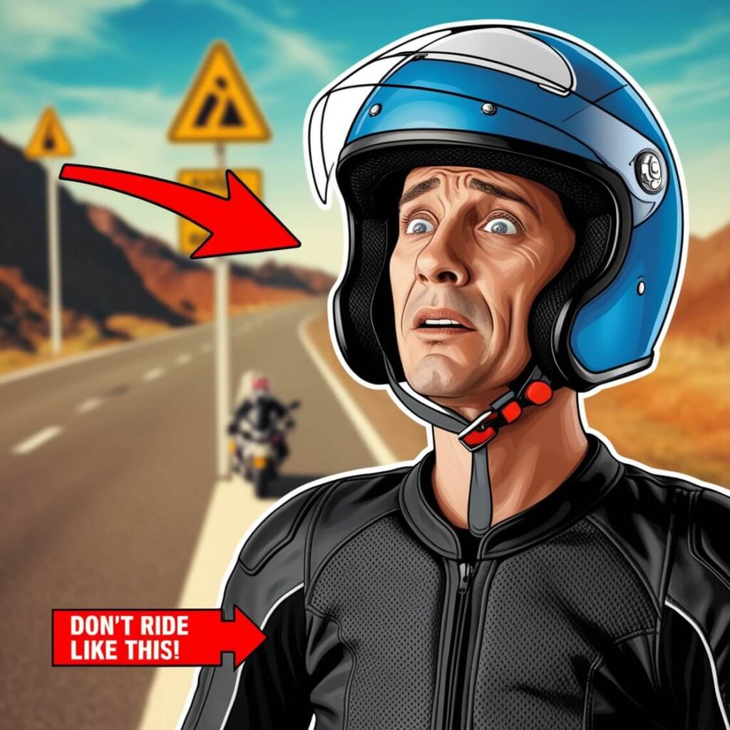 Motorcyclist with an unfastened chin strap dangling from their helmet, highlighting the importance of securing the chin strap for safety while riding.