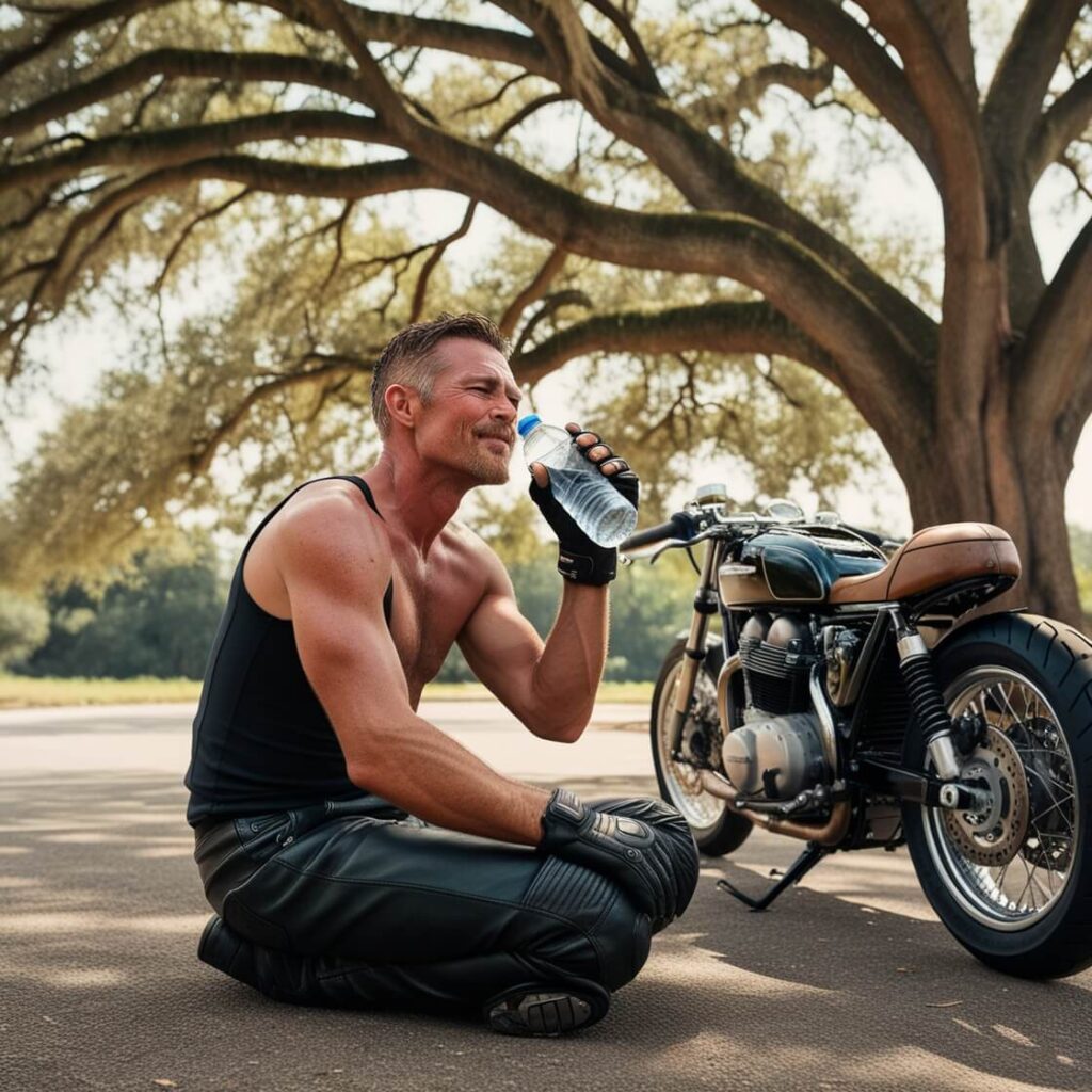 Motorcyclist cooling off under shade and staying hydrated during a break.