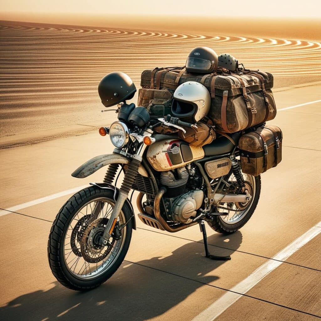 Motorcycle overloaded with gear during a ride in extreme heat.