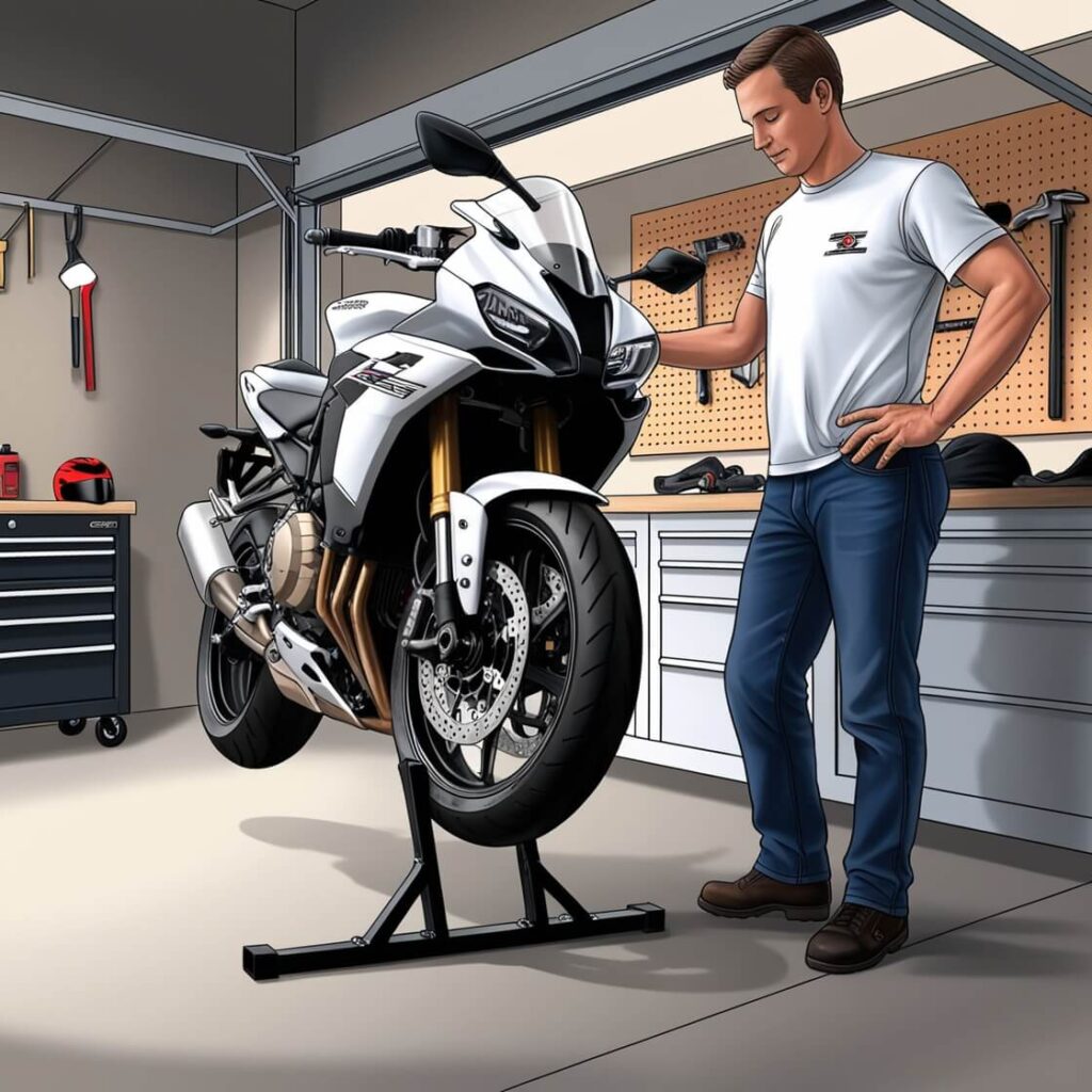 Rider standing next to a motorcycle in a garage, inspecting the lifted front wheel with one hand on the handlebars