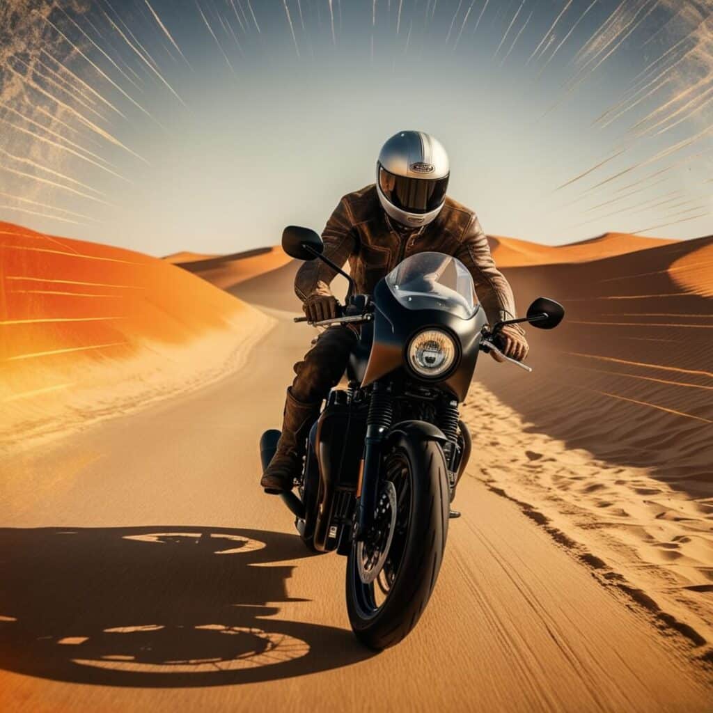 Rider driving a motorcycle under extreme heat in a desert.