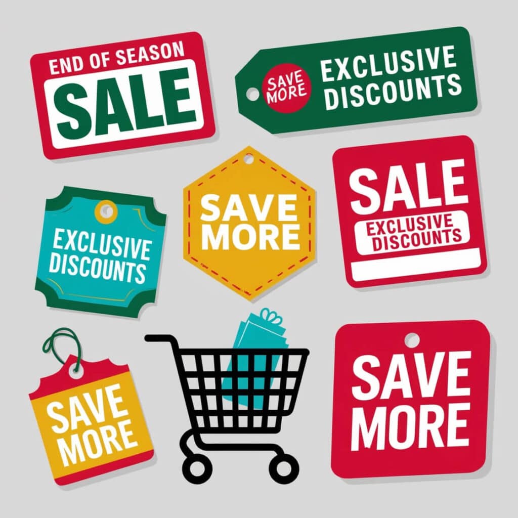 A colorful collection of sale tags displaying phrases like "End of Season Sale," "Save More," "Exclusive Discounts," and "Sale Exclusive Discounts," along with a shopping cart graphic