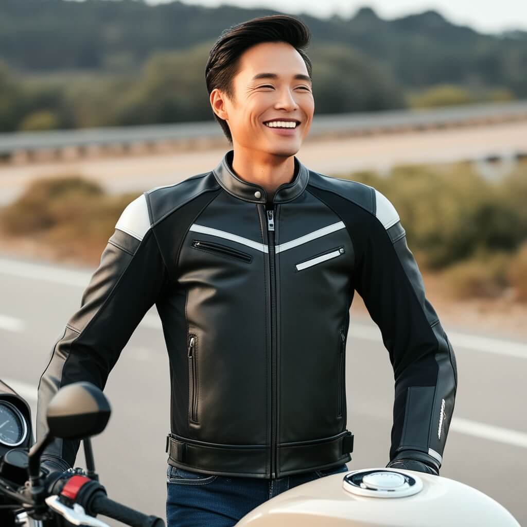 A smiling male motorcycle rider wearing a stylish black leather jacket with white accents, standing next to his motorcycle on a scenic road.
