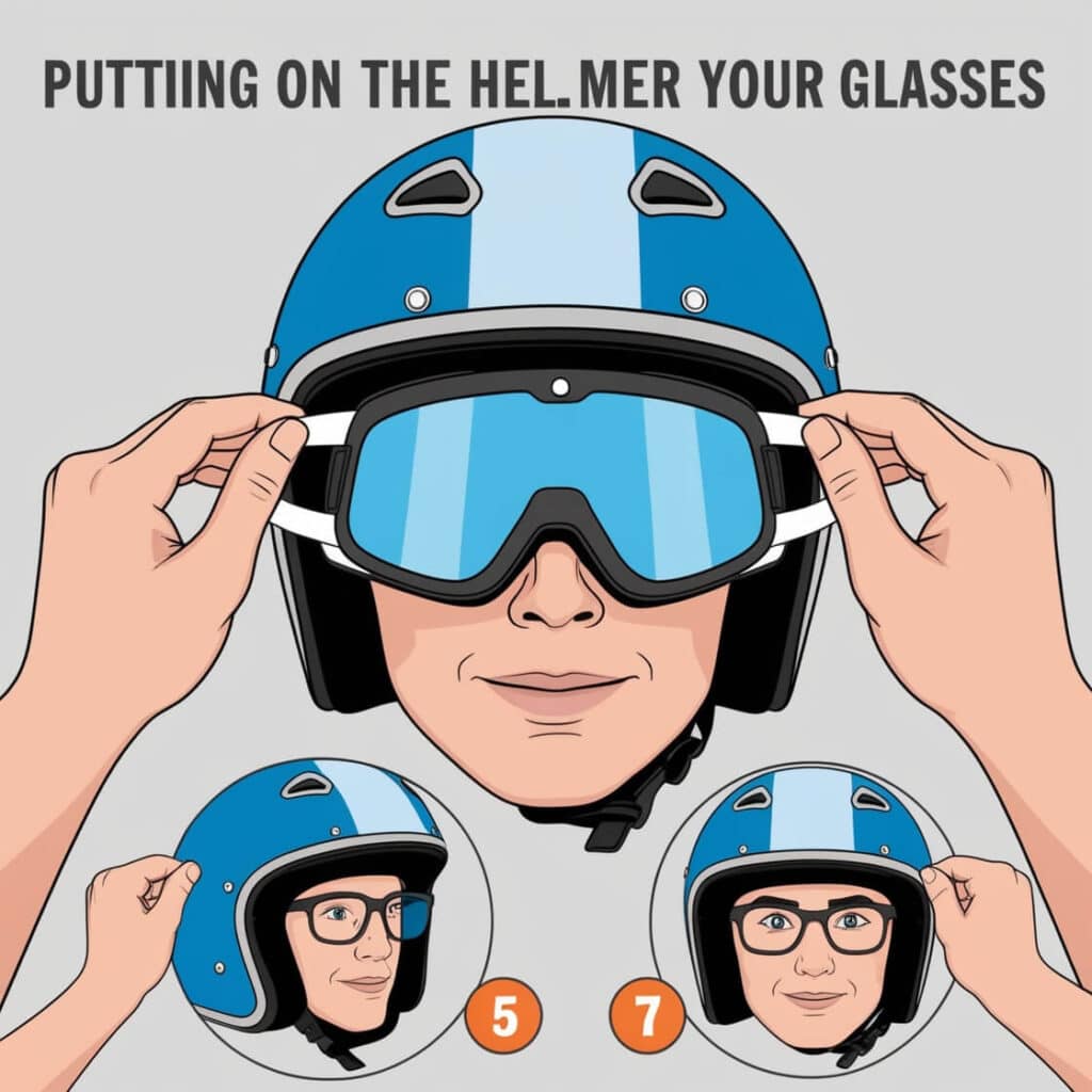 A step-by-step visual guide illustrating how to put on a motorcycle helmet over glasses, with each step clearly shown and distinct.
