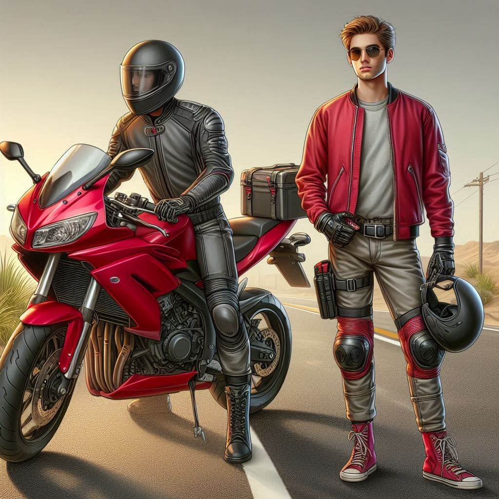 A young man in a red jacket, wearing full motorcycle safety gear, stands beside a motorcycle on a desert road. He touches his helmet with one hand while resting the other on the bike. Several people in safety gear watch him from the roadside.