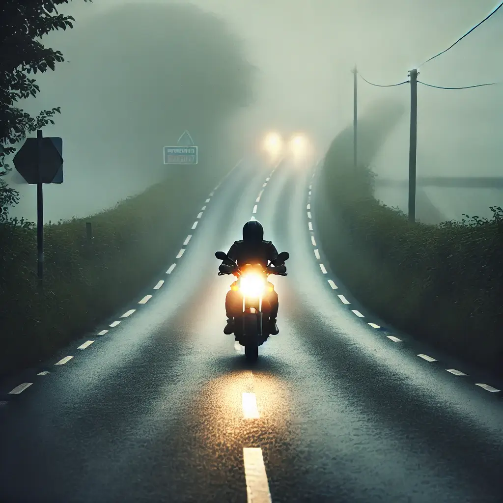 Motorcycle riding cautiously on a foggy Somerset road with low headlights on, showing limited visibility and wet surfaces.