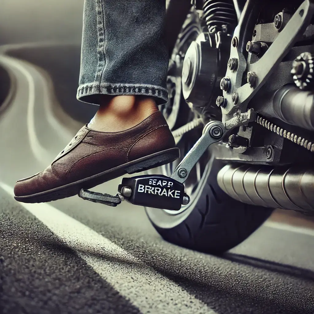 Foot on the rear brake pedal, controlling speed on a downhill slope.