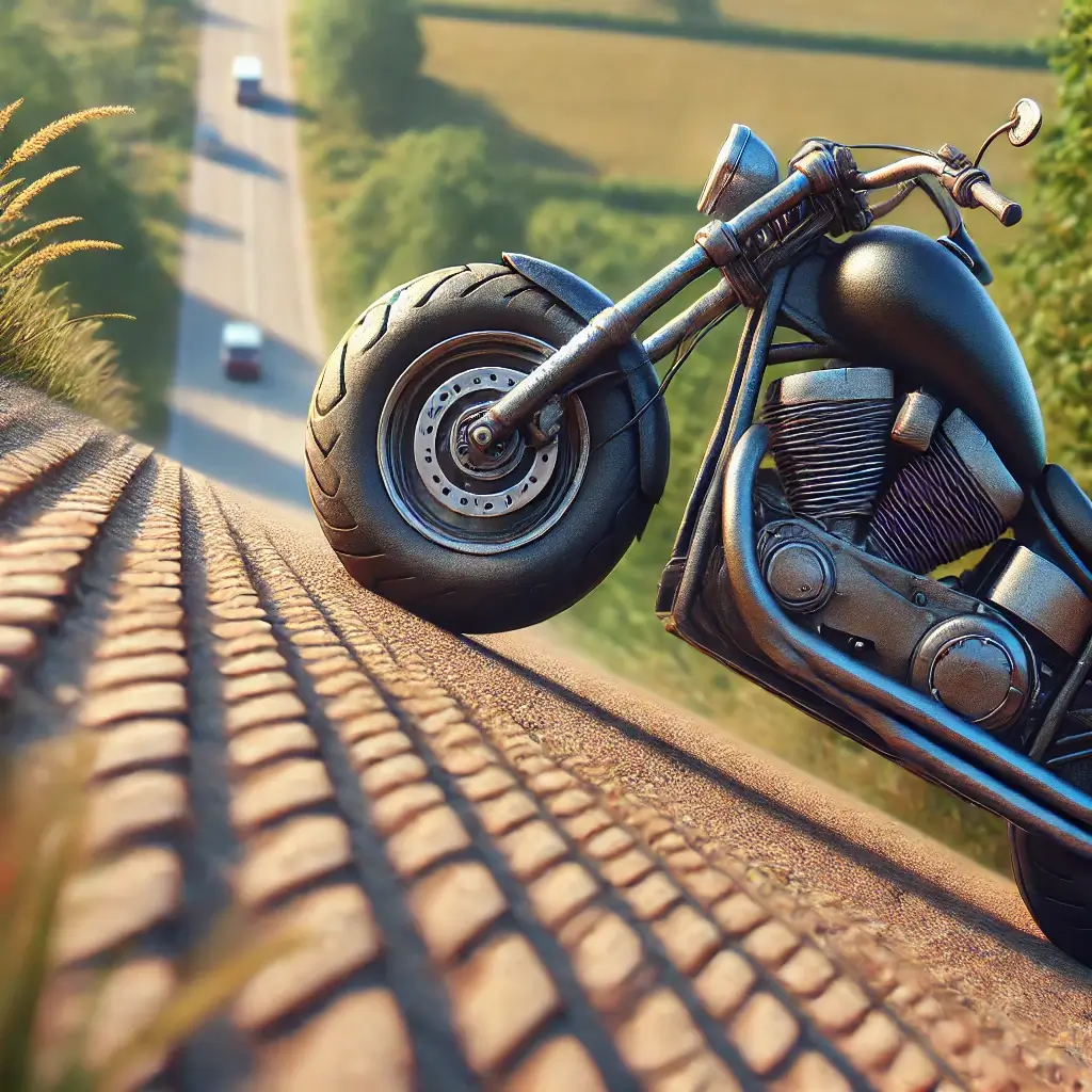 Motorcycle on a hill, highlighting weight and balance challenges.