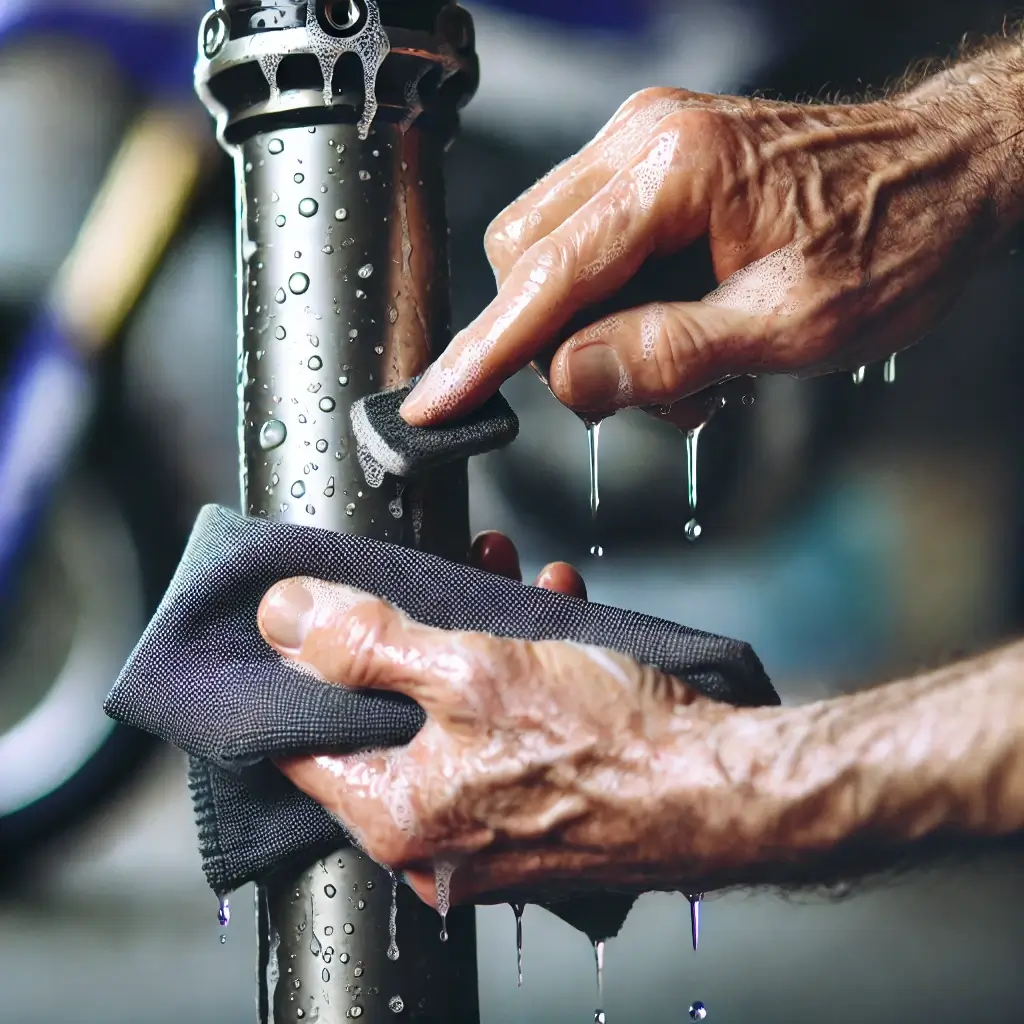 Cleaning a fork tube with soapy water using a microfiber cloth.