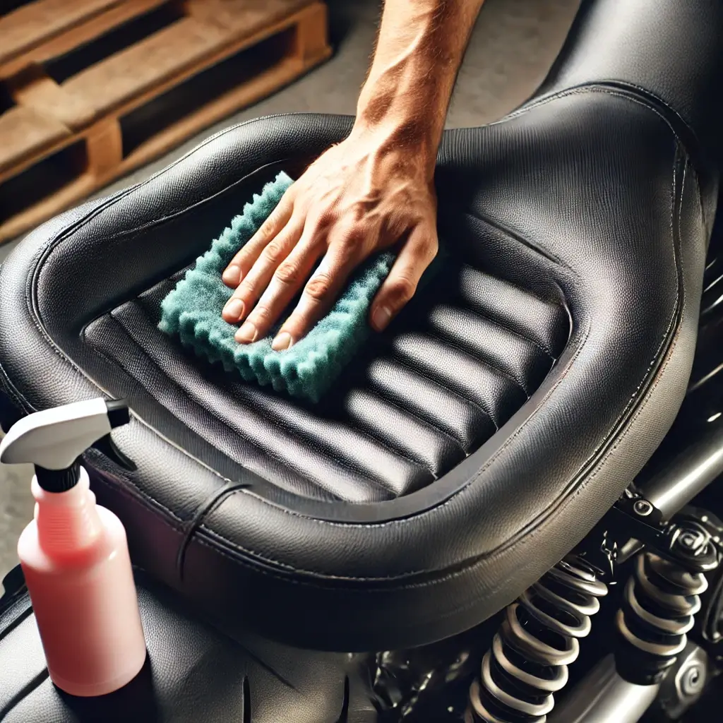 Person cleaning a motorcycle seat with a soft cloth and leather/vinyl cleaner nearby to preserve seat condition.
