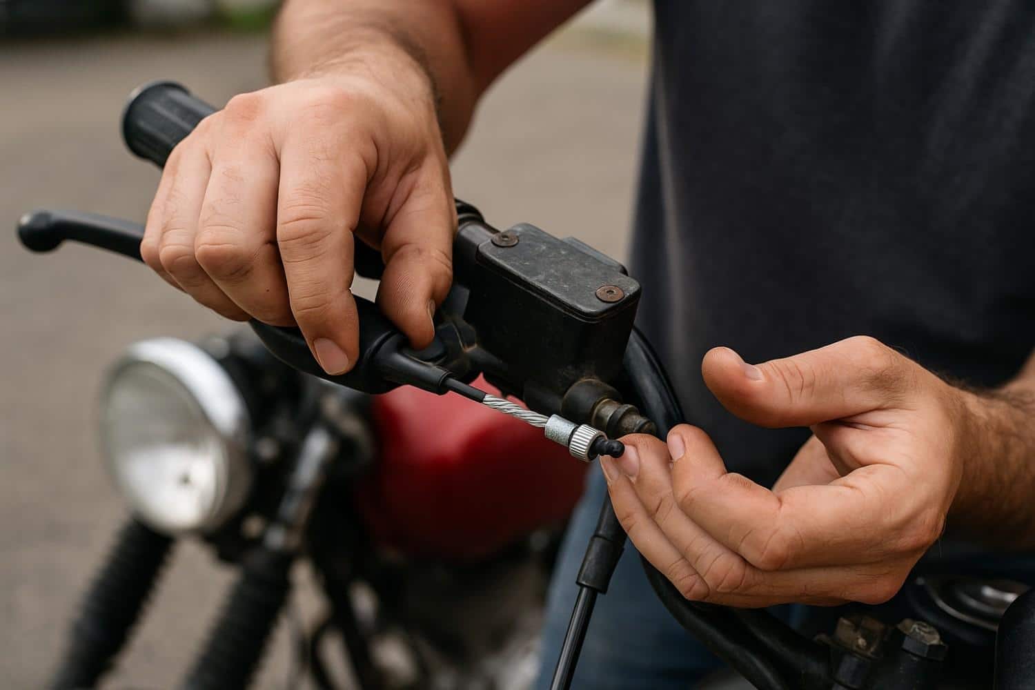 Mechanic adjusting a motorcycle clutch cable with bare hands, showing exposed cable core and tension tuning process.