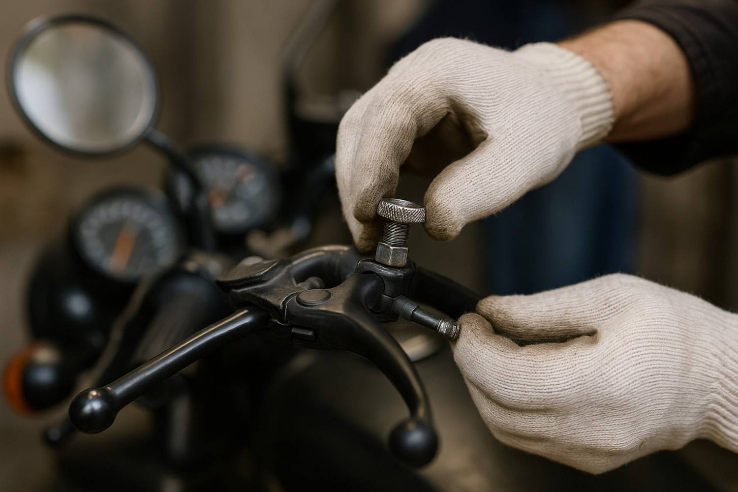 Mechanic wearing gloves adjusts the clutch cable nut on a black motorcycle handlebar with speedometers in the background.