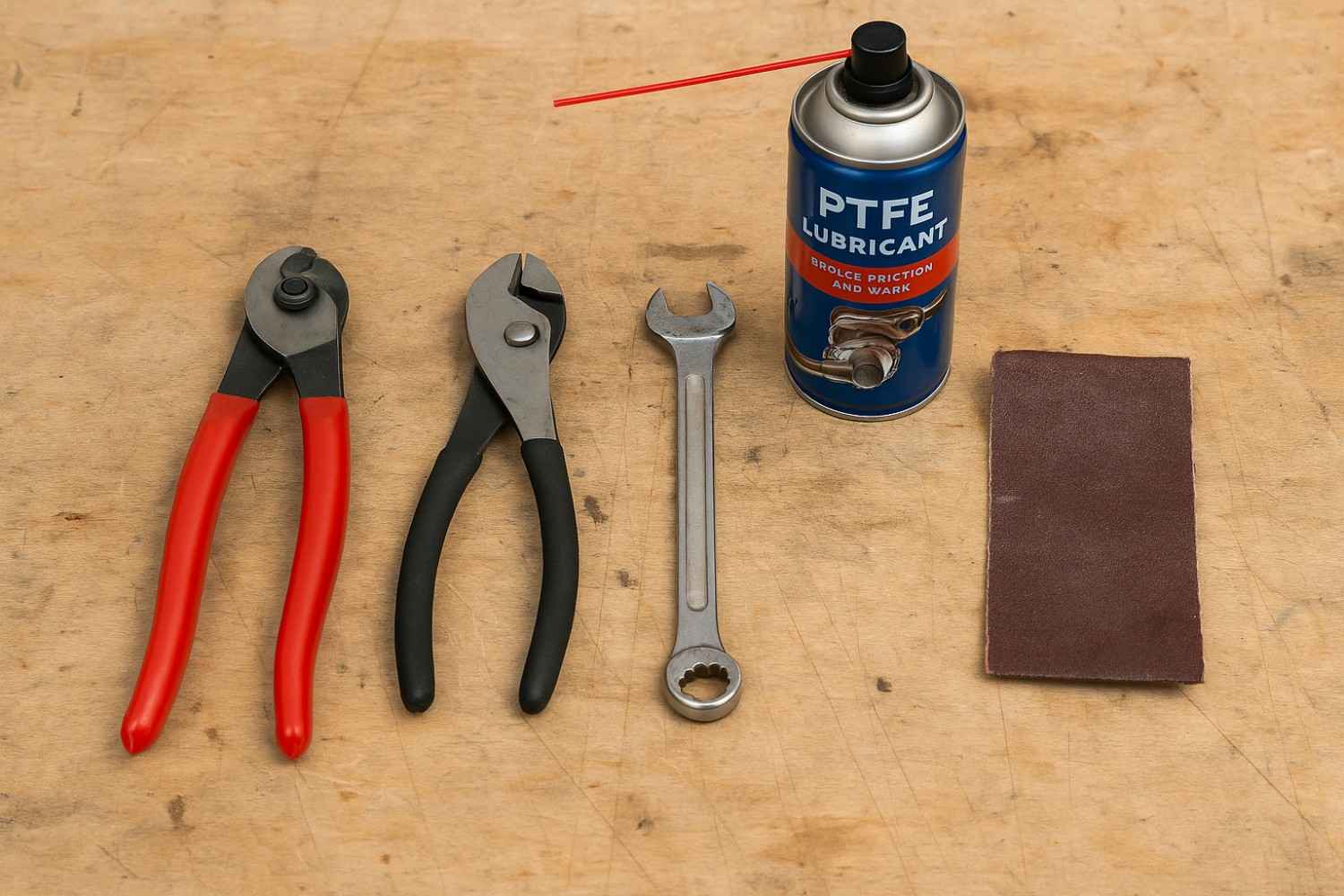 Motorcycle clutch repair tools including cable cutter, pliers, wrench, lubricant spray, and sandpaper on a wooden surface.