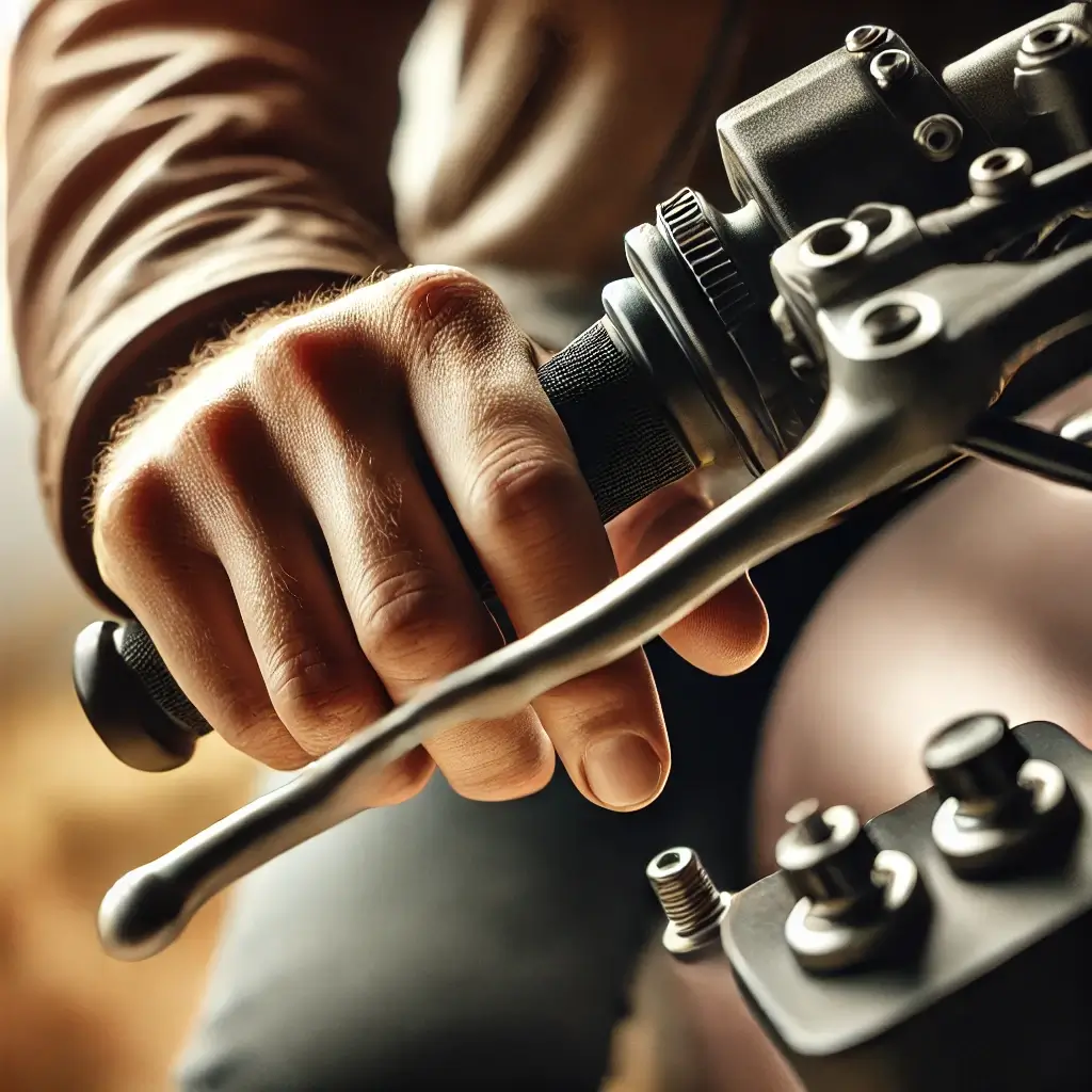 Rider’s hand carefully engaging clutch and throttle on a motorcycle.