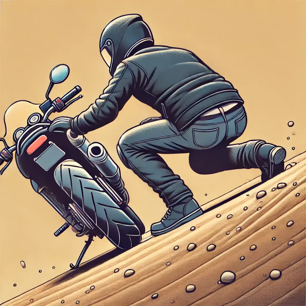 Rider adjusting balance while backing up a motorcycle on loose terrain.