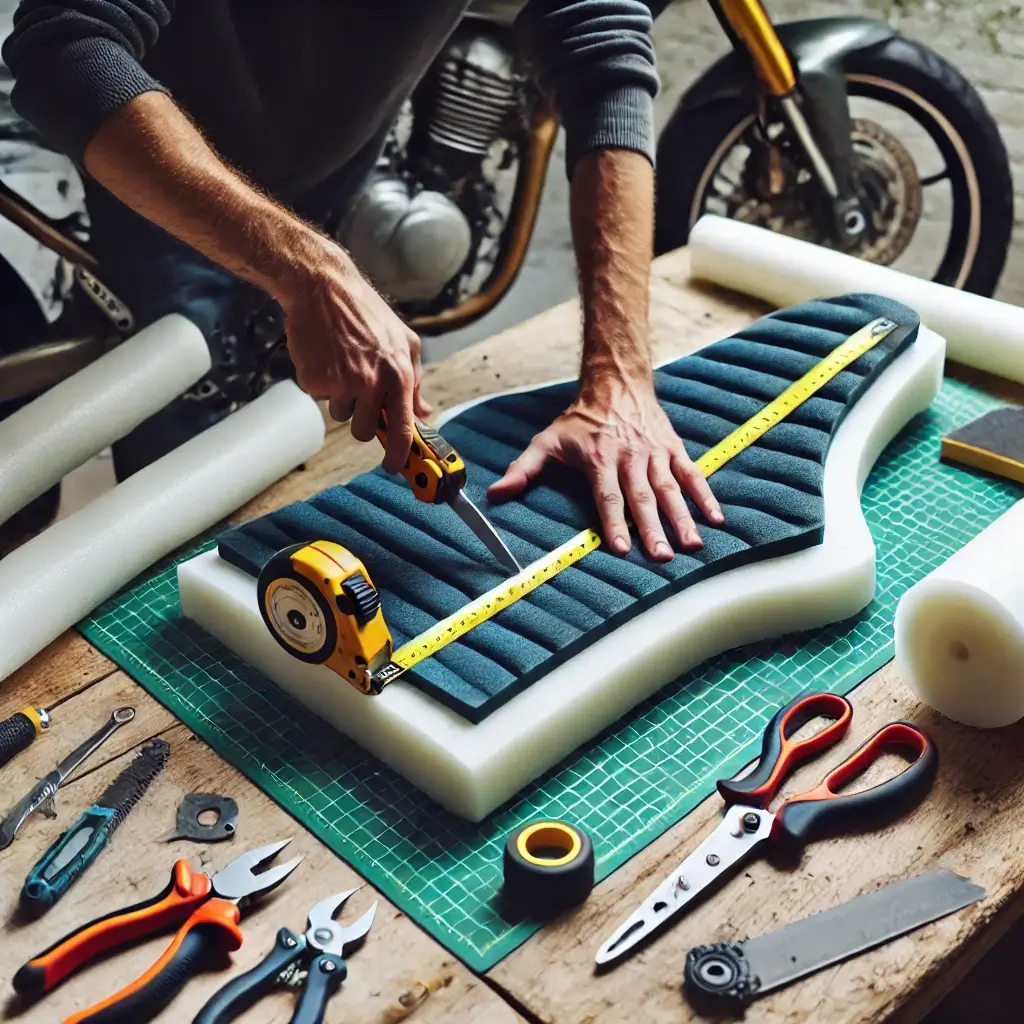 Person measuring and cutting gel and foam layers with a utility knife for a custom motorcycle seat.