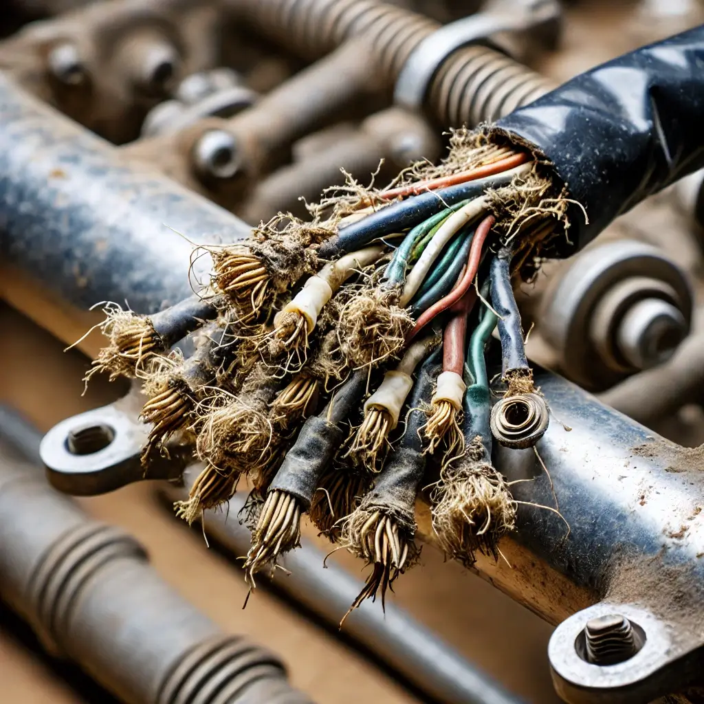 Close-up of damaged and frayed motorcycle wires causing electrical issues