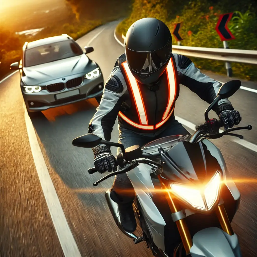 Motorcyclist on a winding road, maintaining a safe distance from a car ahead, wearing helmet and reflective gear.