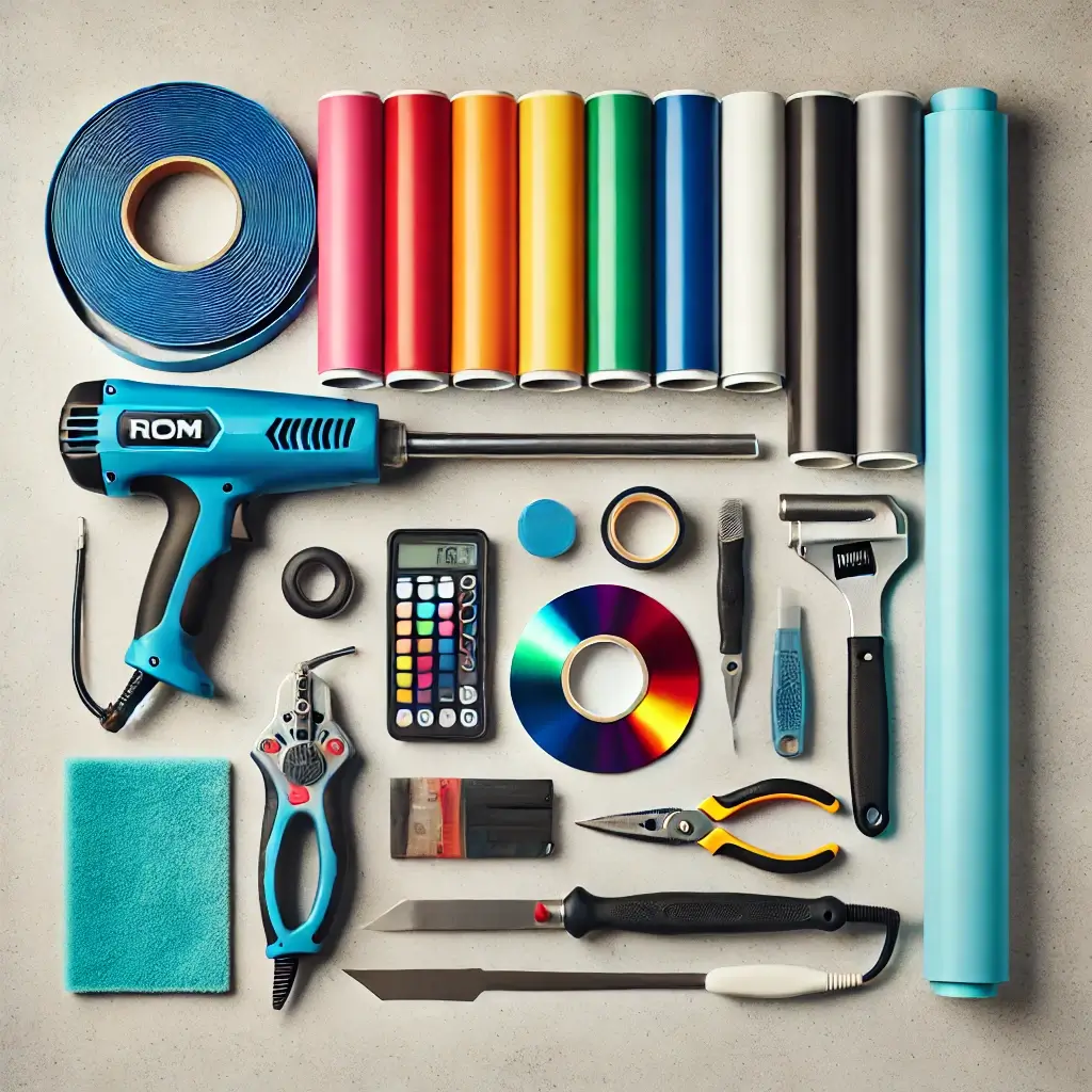Flat-lay of essential tools for DIY motorcycle wrapping, including vinyl wrap rolls, a heat gun, a felt-edge squeegee, a utility knife, and a microfiber cloth.