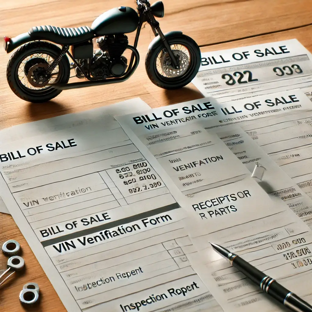 Essential documents for titling a custom-built motorcycle, including a Bill of Sale, VIN verification form, parts receipts, and inspection report arranged on a wooden desk.