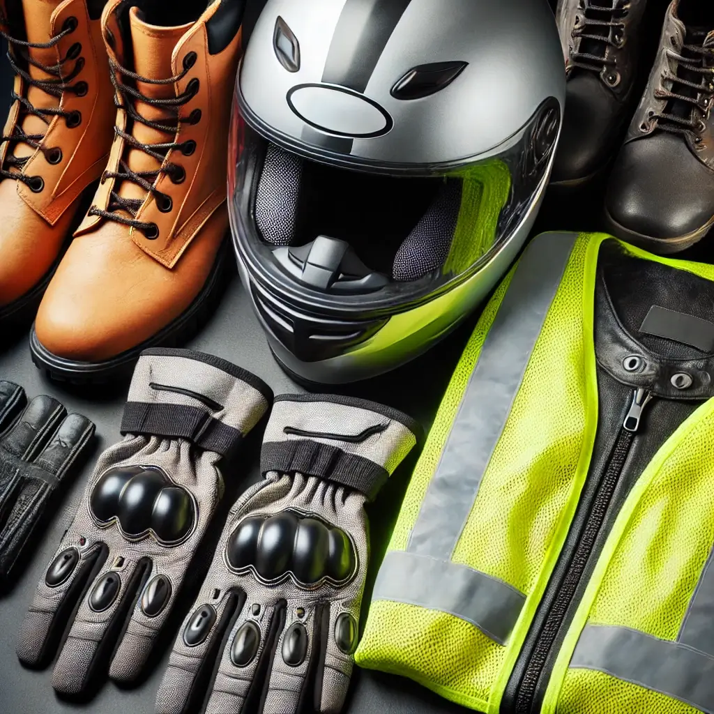 Close-up of essential motorcycle safety gear: helmet, reflective jacket, gloves, and sturdy boots.