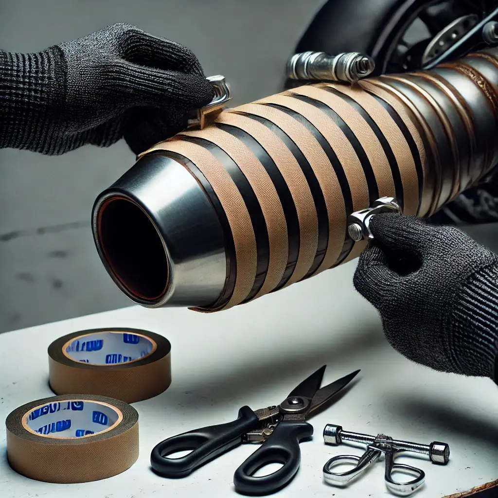 Heat-resistant wrap applied to a motorcycle exhaust to dampen noise.