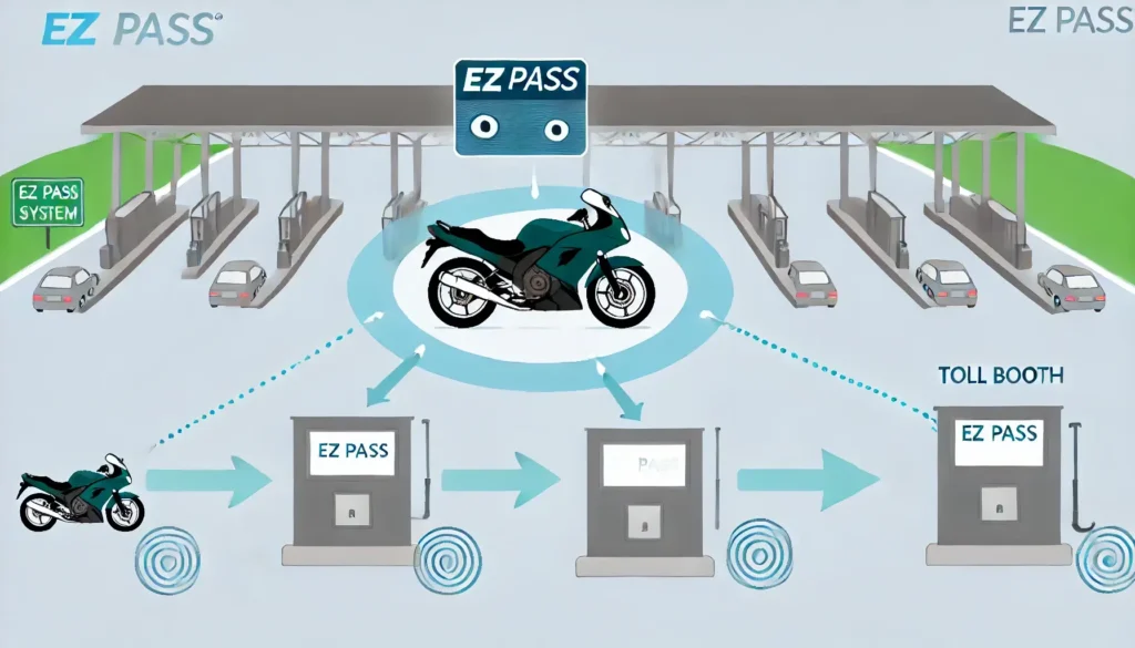A diagram showing the communication between a motorcycle EZ Pass transponder and toll booth sensors.