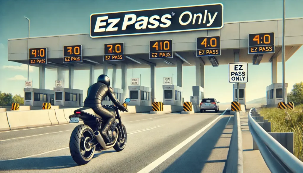 A motorcyclist approaching a toll booth in the EZ Pass lane with clear signage.