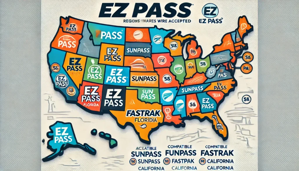 A map of the U.S. showing regions where EZ Pass and similar systems like SunPass and FasTrak are used.
