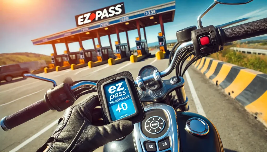 Close-up of an EZ Pass transponder mounted on a motorcycle handlebar.