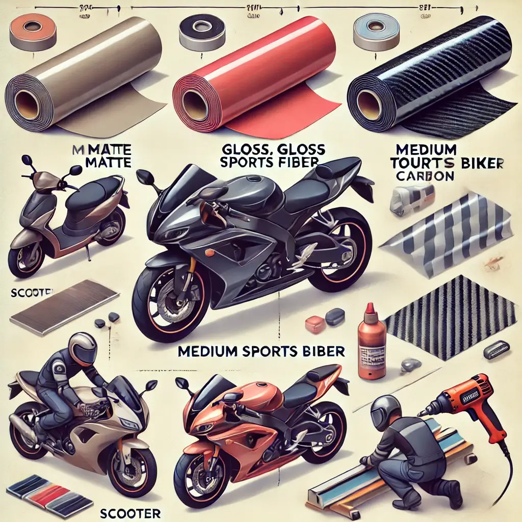 Infographic showing factors that influence motorcycle wrapping costs, including material type, bike size, design complexity, and DIY vs professional labor.