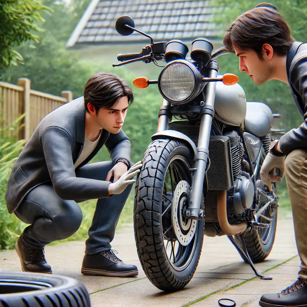 Two men inspecting the tire and condition of a used motorcycle before purchase.