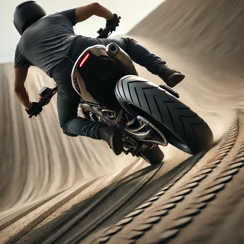 Rider reversing a motorcycle on a slope with careful balance and control.