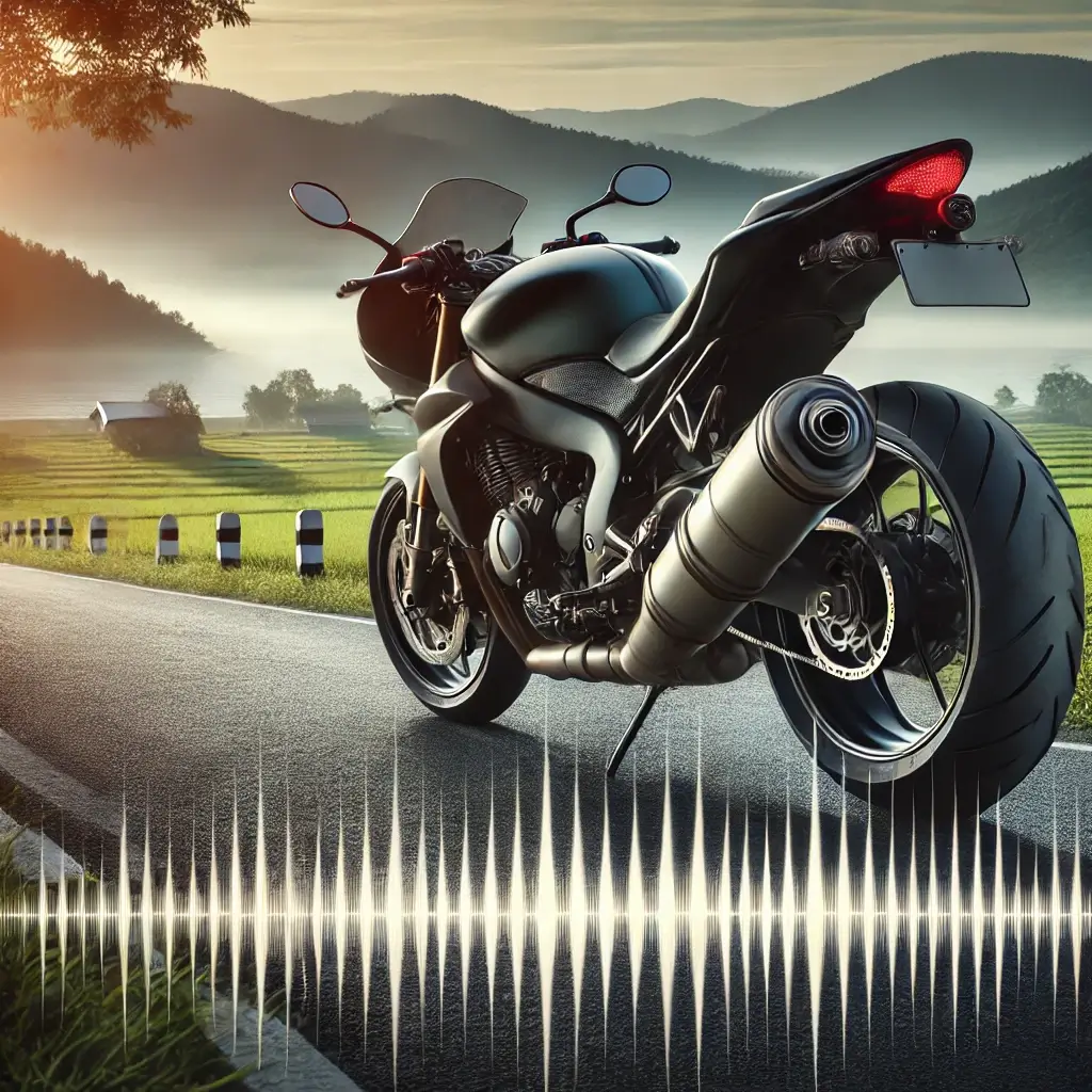 "Motorcycle with aftermarket exhaust on a quiet countryside road, emphasizing noise reduction.